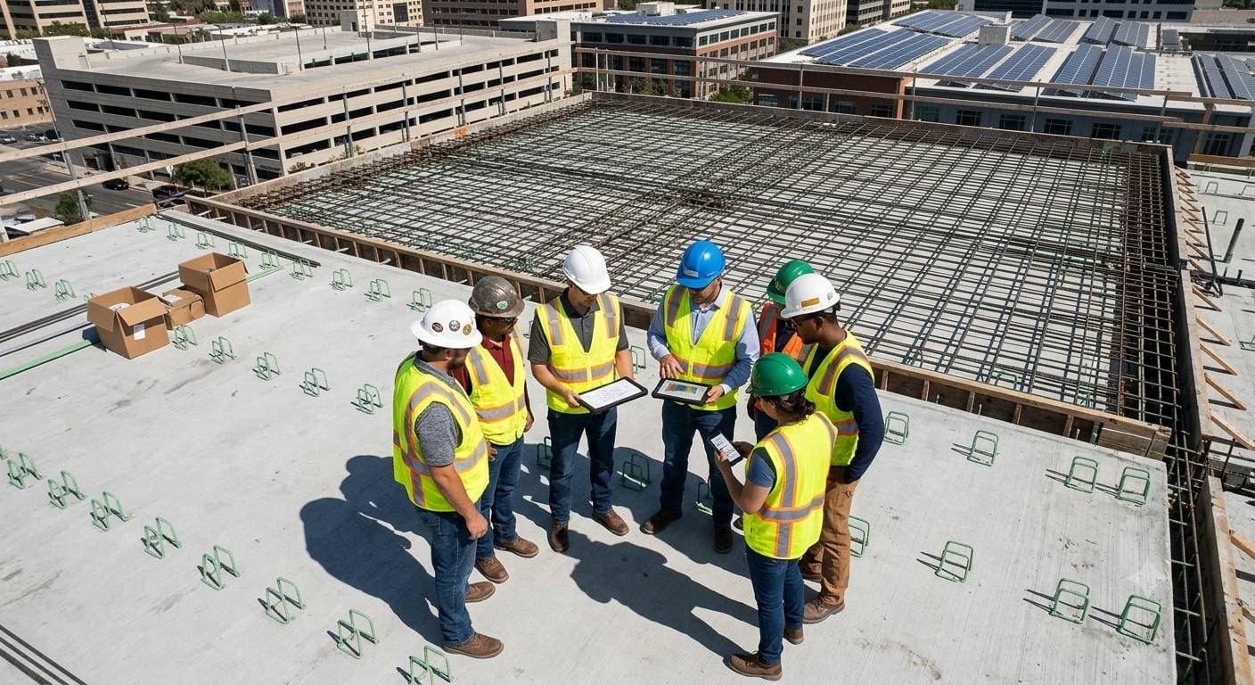 Construction team reviewing work plans together on site